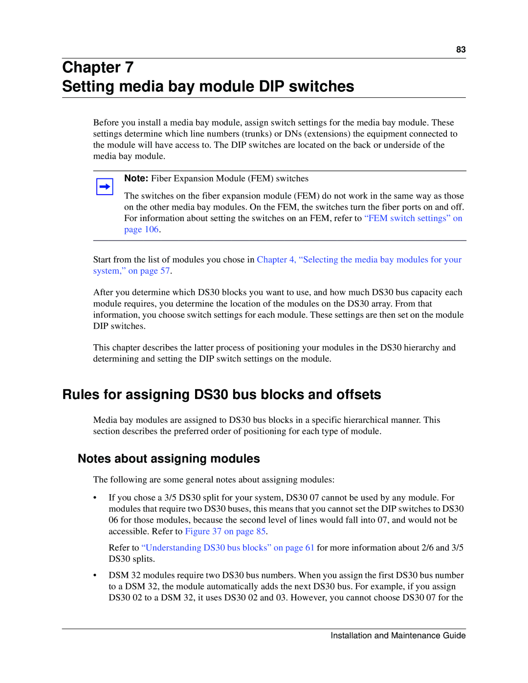 Nortel Networks BCM1000 Chapter Setting media bay module DIP switches, Rules for assigning DS30 bus blocks and offsets 