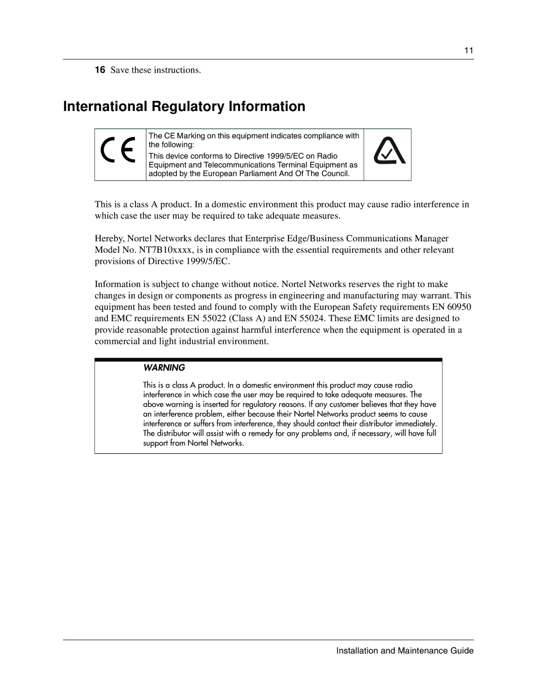 Nortel Networks BCM1000 manual International Regulatory Information 