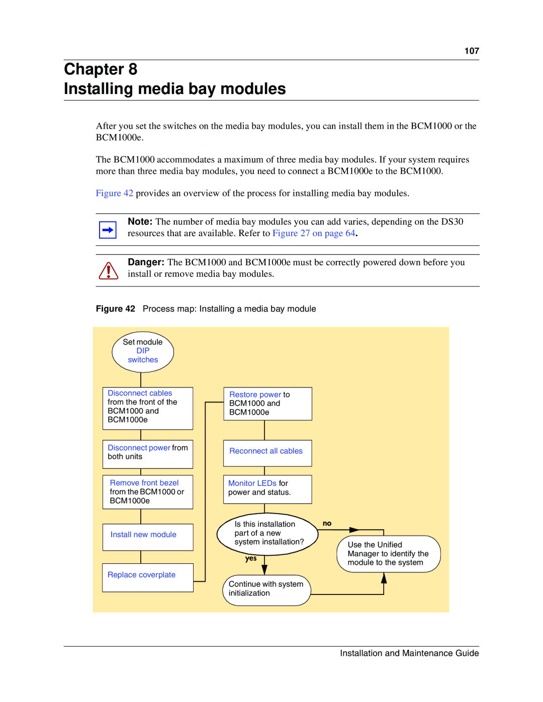 Nortel Networks BCM1000 manual Chapter Installing media bay modules, Process map Installing a media bay module 