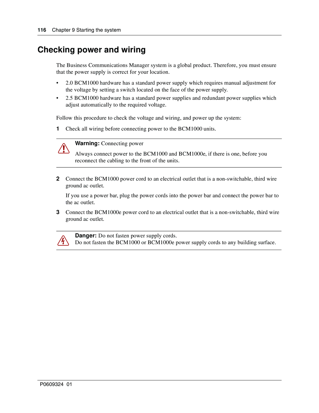 Nortel Networks BCM1000 manual Checking power and wiring, Starting the system 