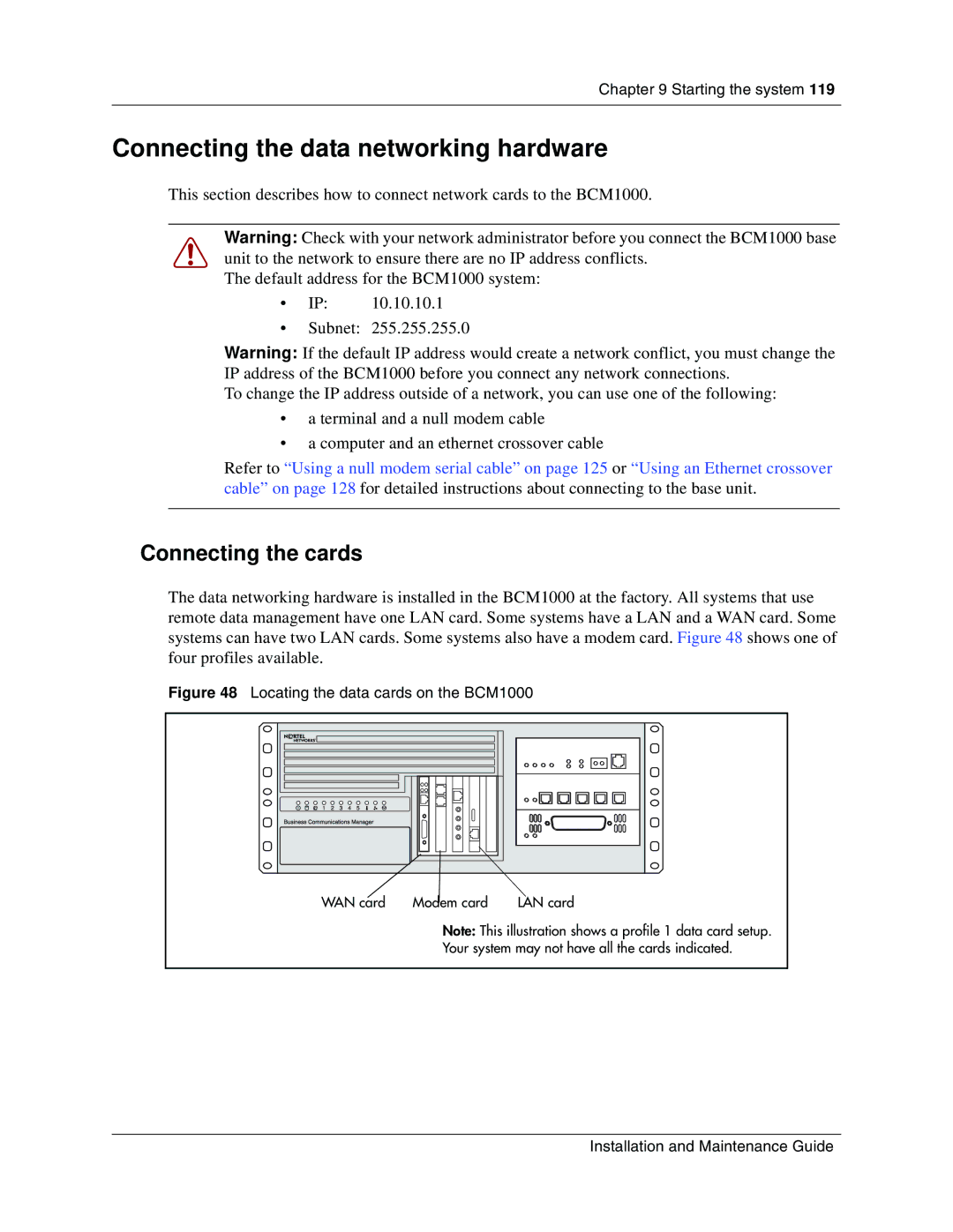 Nortel Networks BCM1000 manual Connecting the data networking hardware, Connecting the cards 