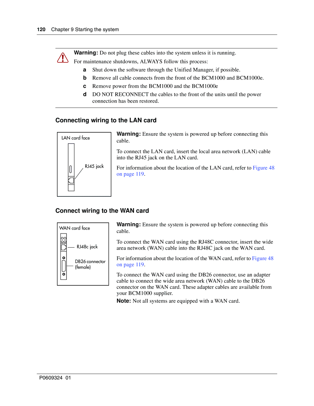 Nortel Networks BCM1000 manual Connecting wiring to the LAN card, Connect wiring to the WAN card 