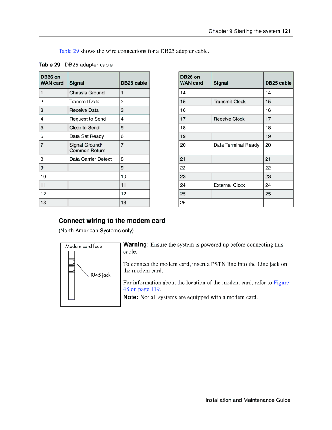 Nortel Networks BCM1000 manual Connect wiring to the modem card, DB25 adapter cable, North American Systems only 