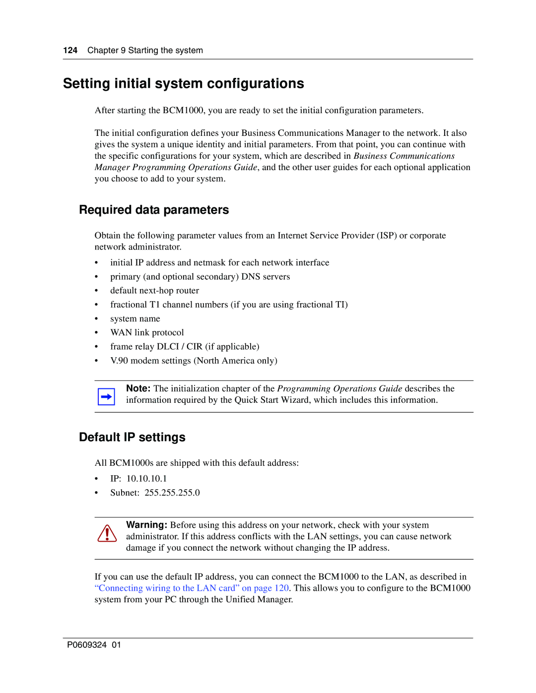 Nortel Networks BCM1000 manual Setting initial system configurations, Required data parameters, Default IP settings 