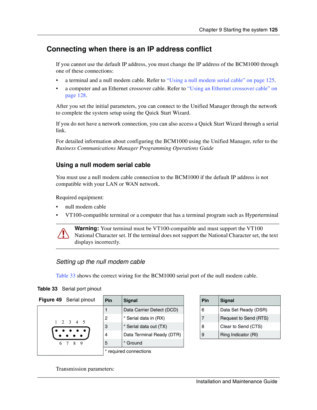 Nortel Networks BCM1000 manual Connecting when there is an IP address conflict, Using a null modem serial cable, Pin Signal 