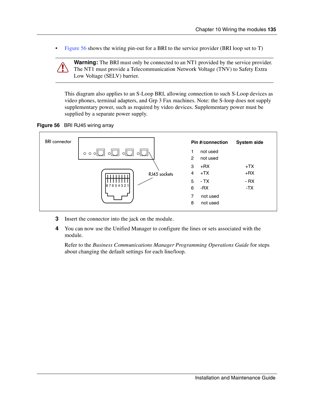 Nortel Networks BCM1000 manual BRI RJ45 wiring array, Pin #/connection System side 