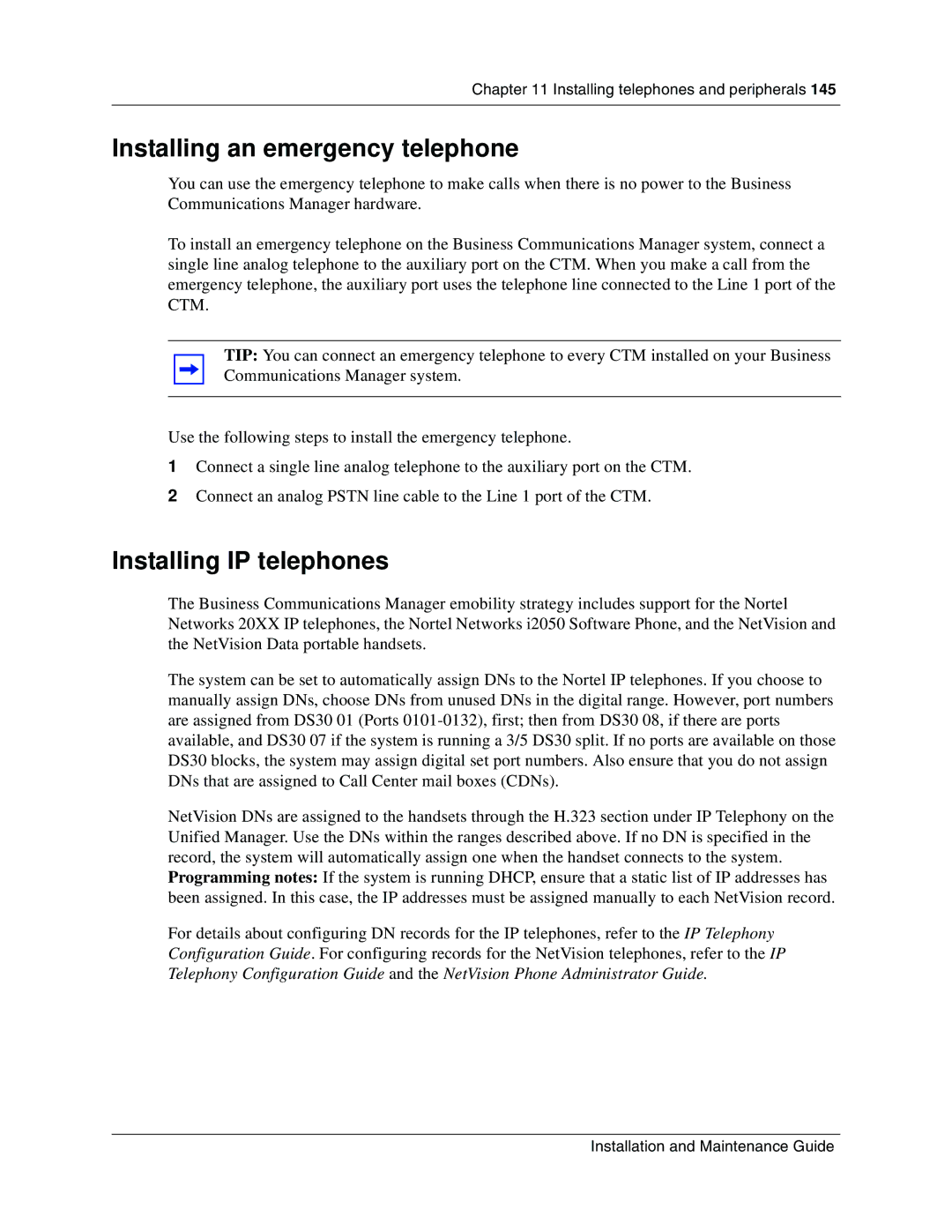 Nortel Networks BCM1000 manual Installing an emergency telephone, Installing IP telephones 