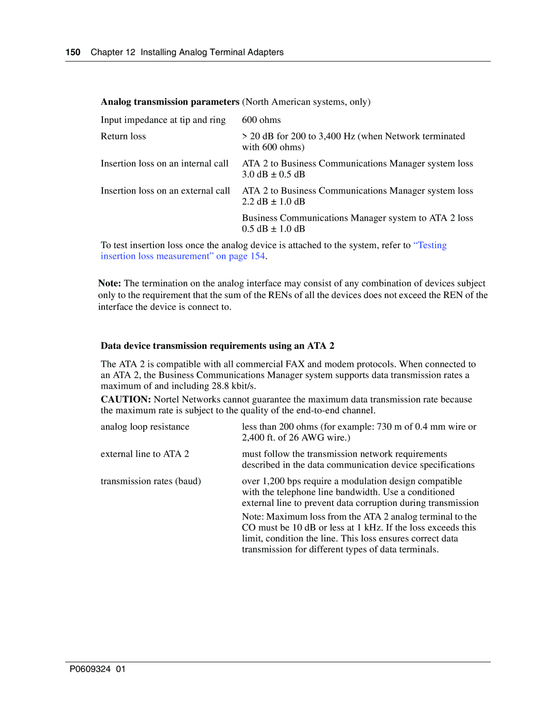 Nortel Networks BCM1000 Analog transmission parameters North American systems, only, Installing Analog Terminal Adapters 