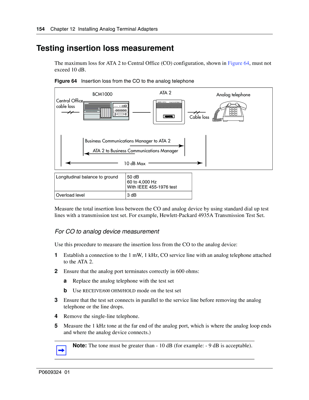 Nortel Networks BCM1000 manual Testing insertion loss measurement, Insertion loss from the CO to the analog telephone 