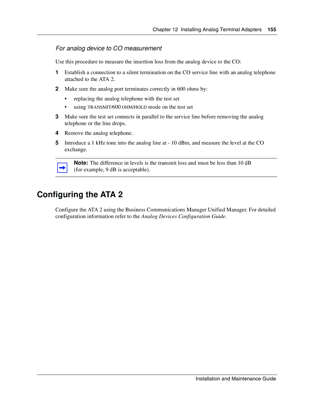 Nortel Networks BCM1000 manual Configuring the ATA, For analog device to CO measurement 