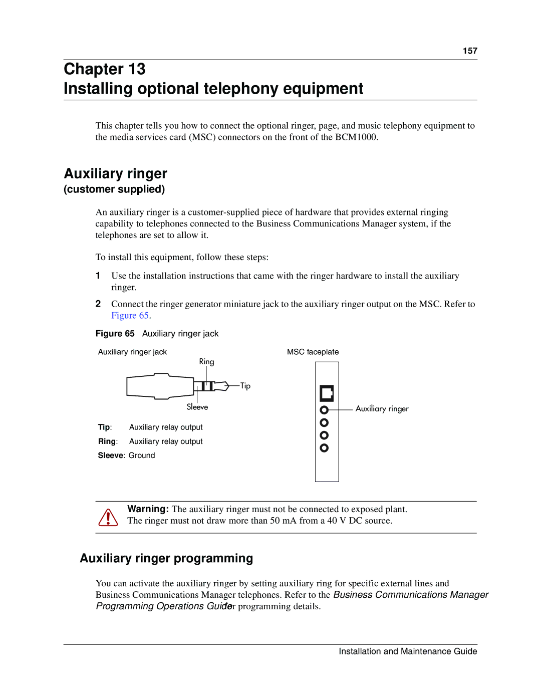 Nortel Networks BCM1000 manual Chapter Installing optional telephony equipment, Auxiliary ringer programming 