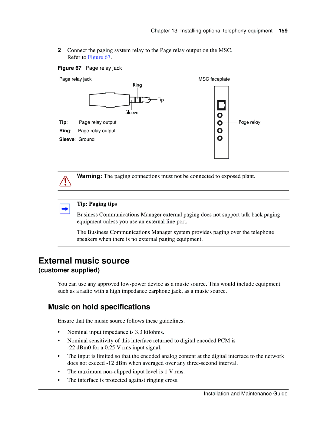 Nortel Networks BCM1000 manual External music source, Music on hold specifications 