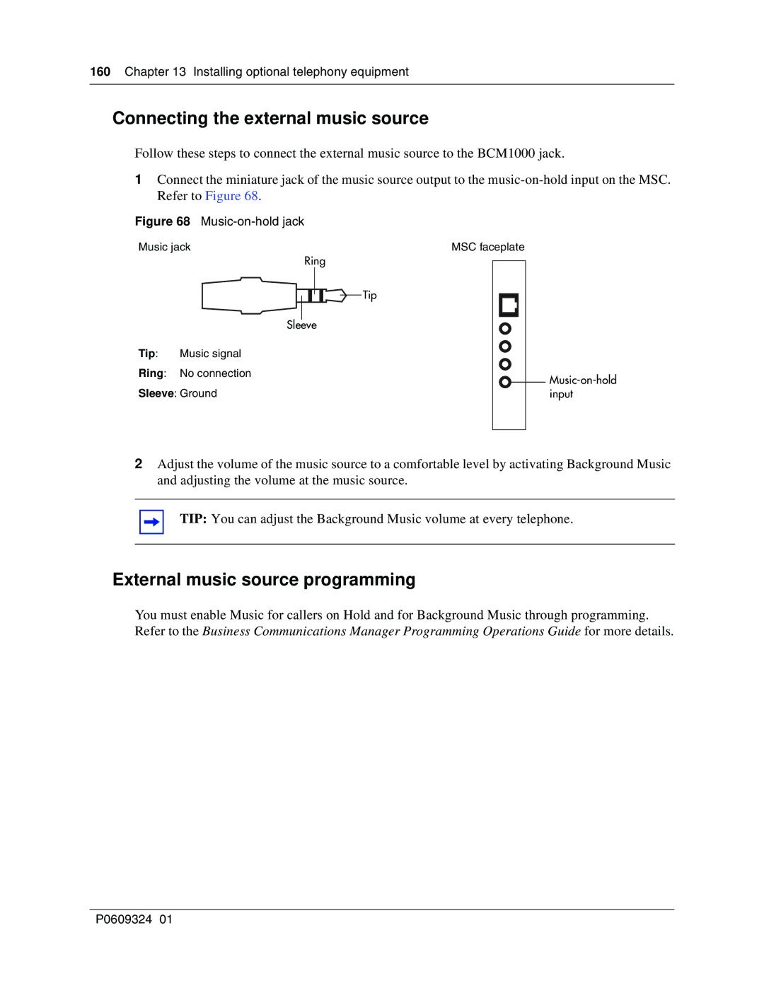 Nortel Networks BCM1000 manual Connecting the external music source, External music source programming 