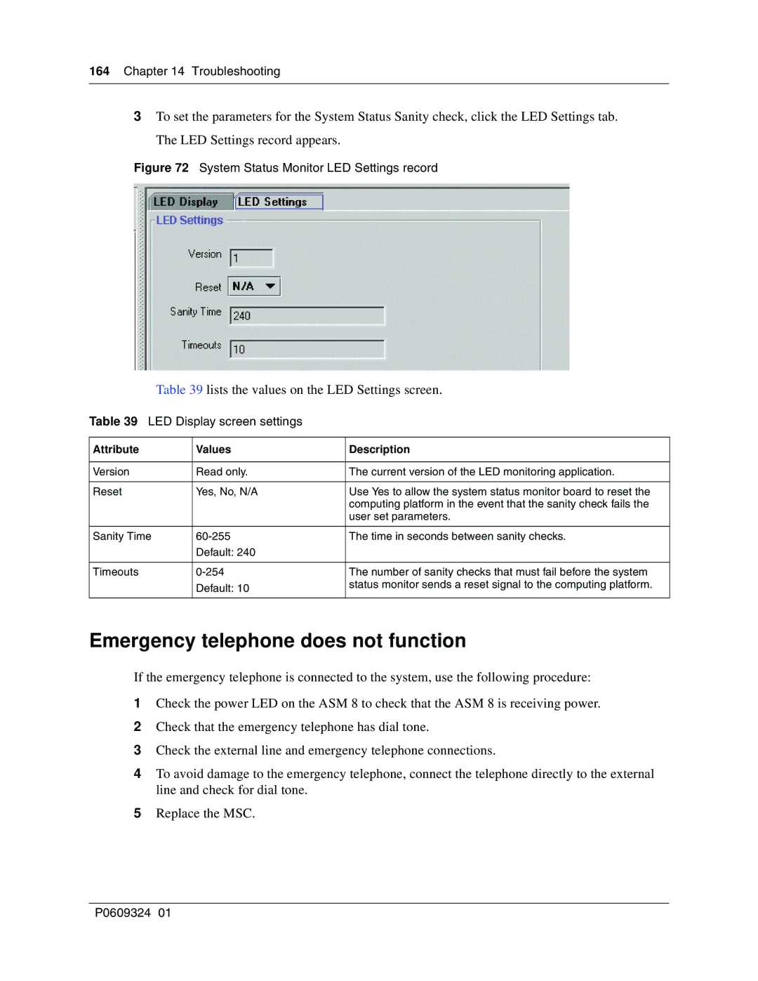 Nortel Networks BCM1000 Emergency telephone does not function, LED Display screen settings, Attribute Values Description 