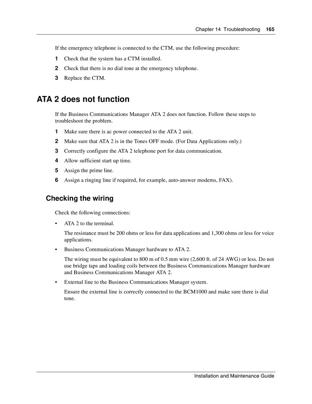 Nortel Networks BCM1000 manual ATA 2 does not function, Checking the wiring 