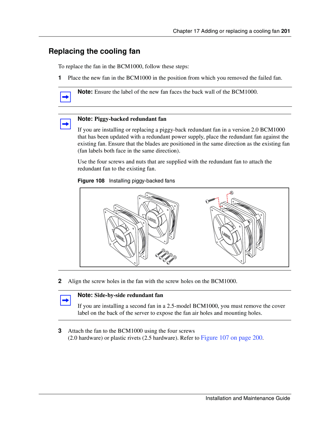 Nortel Networks BCM1000 manual Replacing the cooling fan, Installing piggy-backed fans 