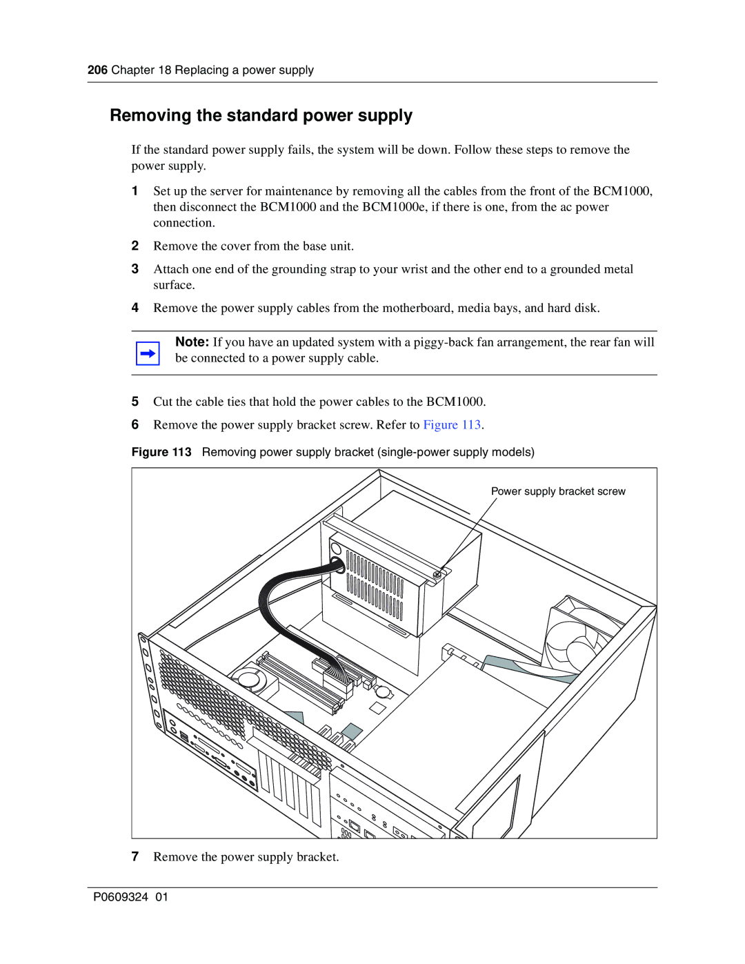 Nortel Networks BCM1000 manual Removing the standard power supply, Replacing a power supply 