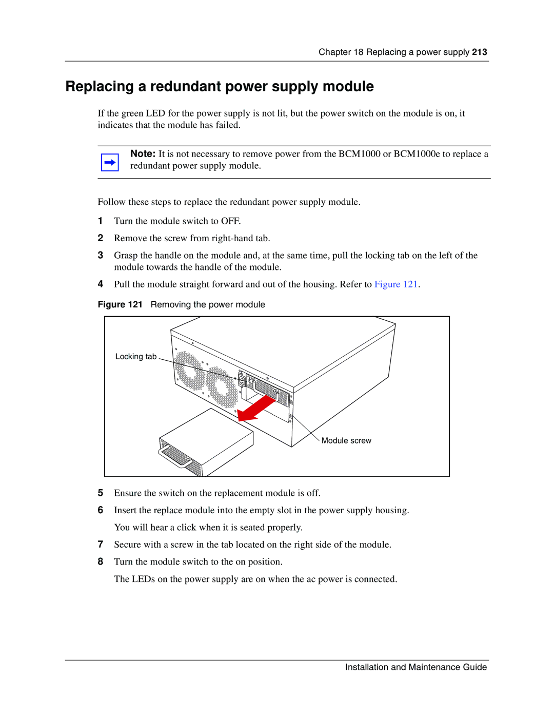 Nortel Networks BCM1000 manual Replacing a redundant power supply module, Removing the power module 