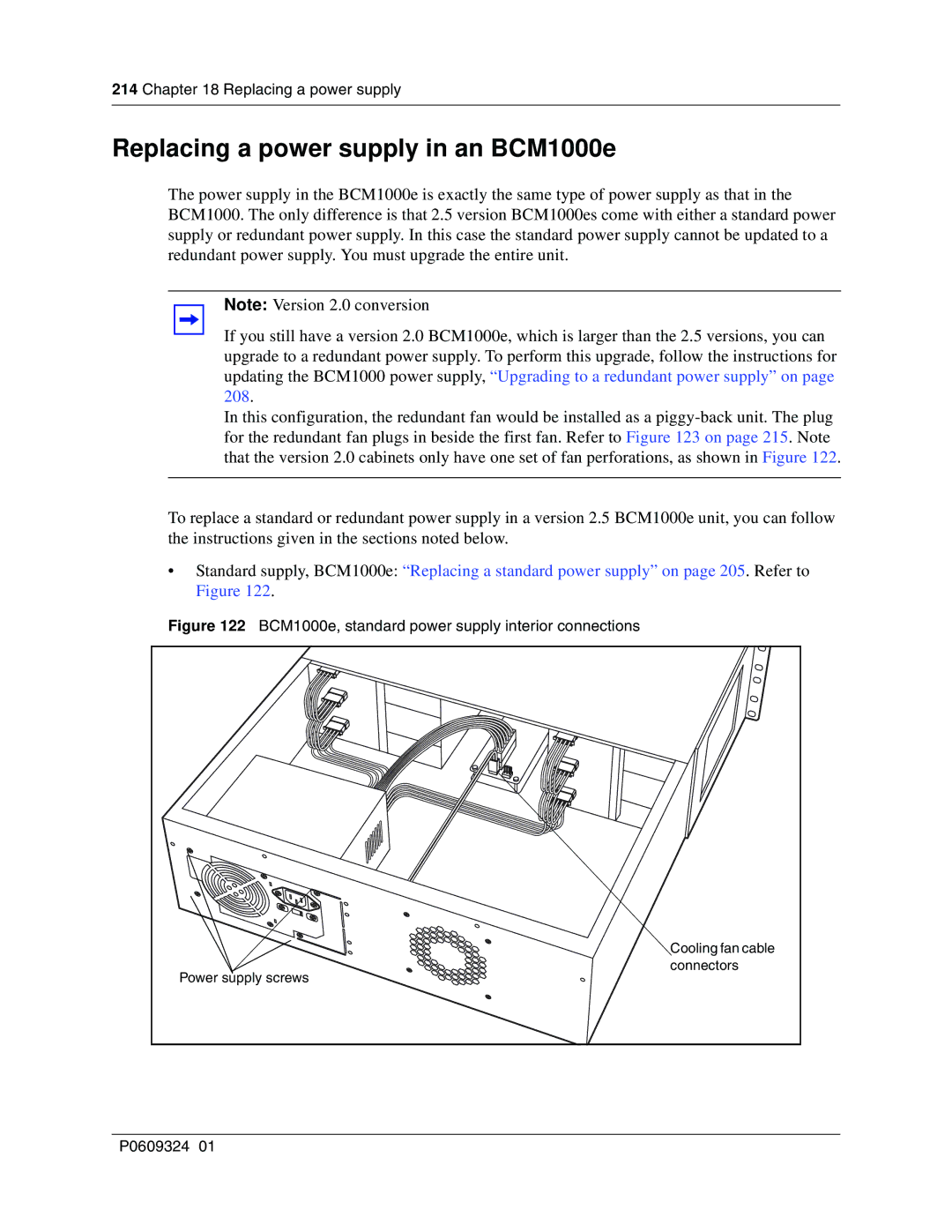 Nortel Networks manual Replacing a power supply in an BCM1000e, 122 BCM1000e, standard power supply interior connections 