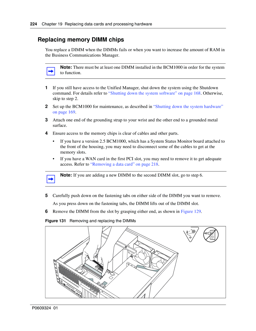 Nortel Networks BCM1000 manual Replacing memory Dimm chips, Removing and replacing the DIMMs 