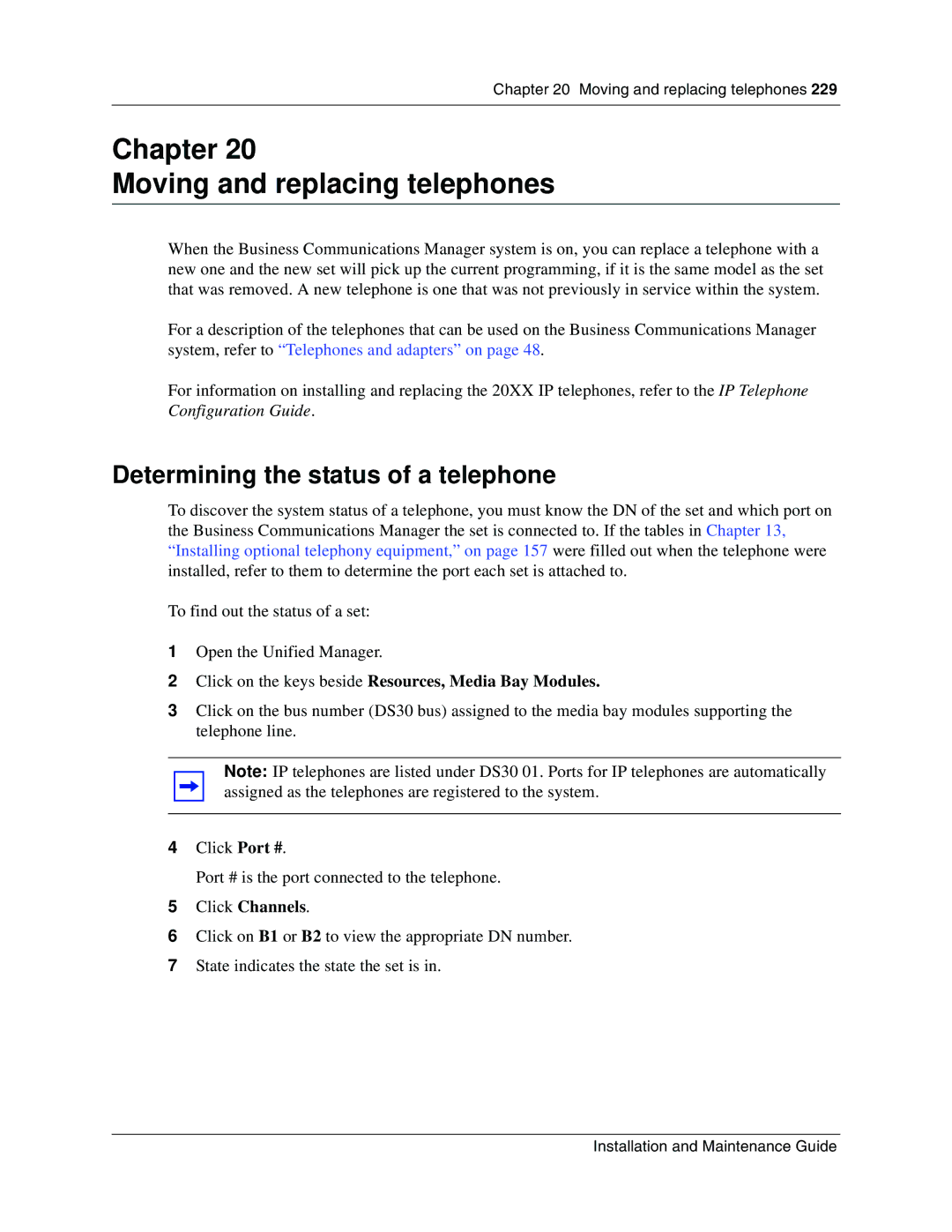 Nortel Networks BCM1000 manual Chapter Moving and replacing telephones, Determining the status of a telephone 