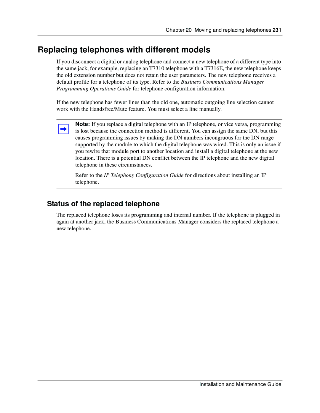 Nortel Networks BCM1000 manual Replacing telephones with different models, Status of the replaced telephone 