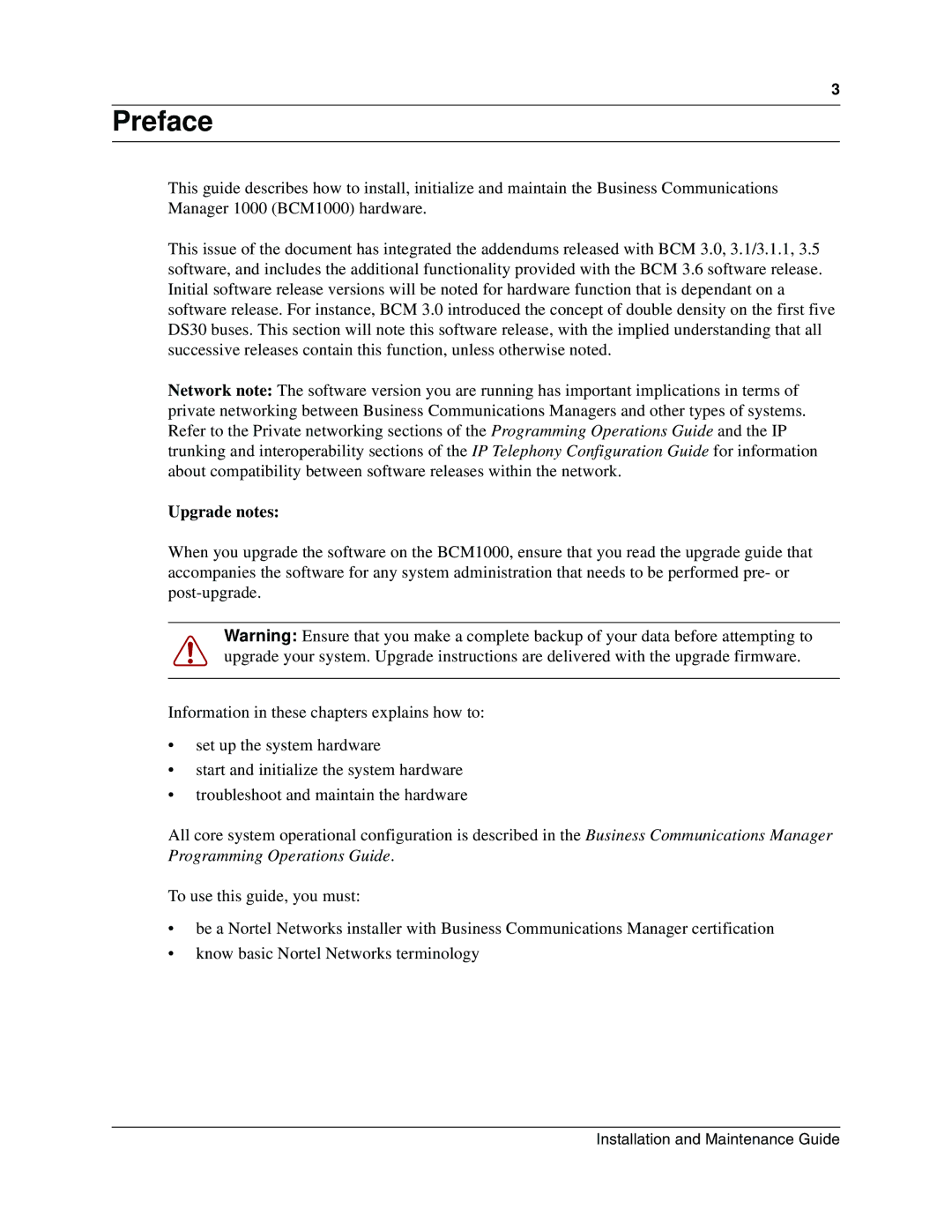 Nortel Networks BCM1000 manual Preface, Upgrade notes 