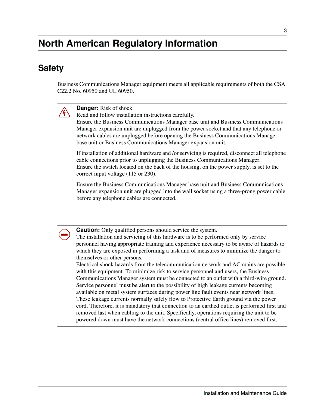 Nortel Networks BCM1000 manual North American Regulatory Information, Safety, Installation and Maintenance Guide 