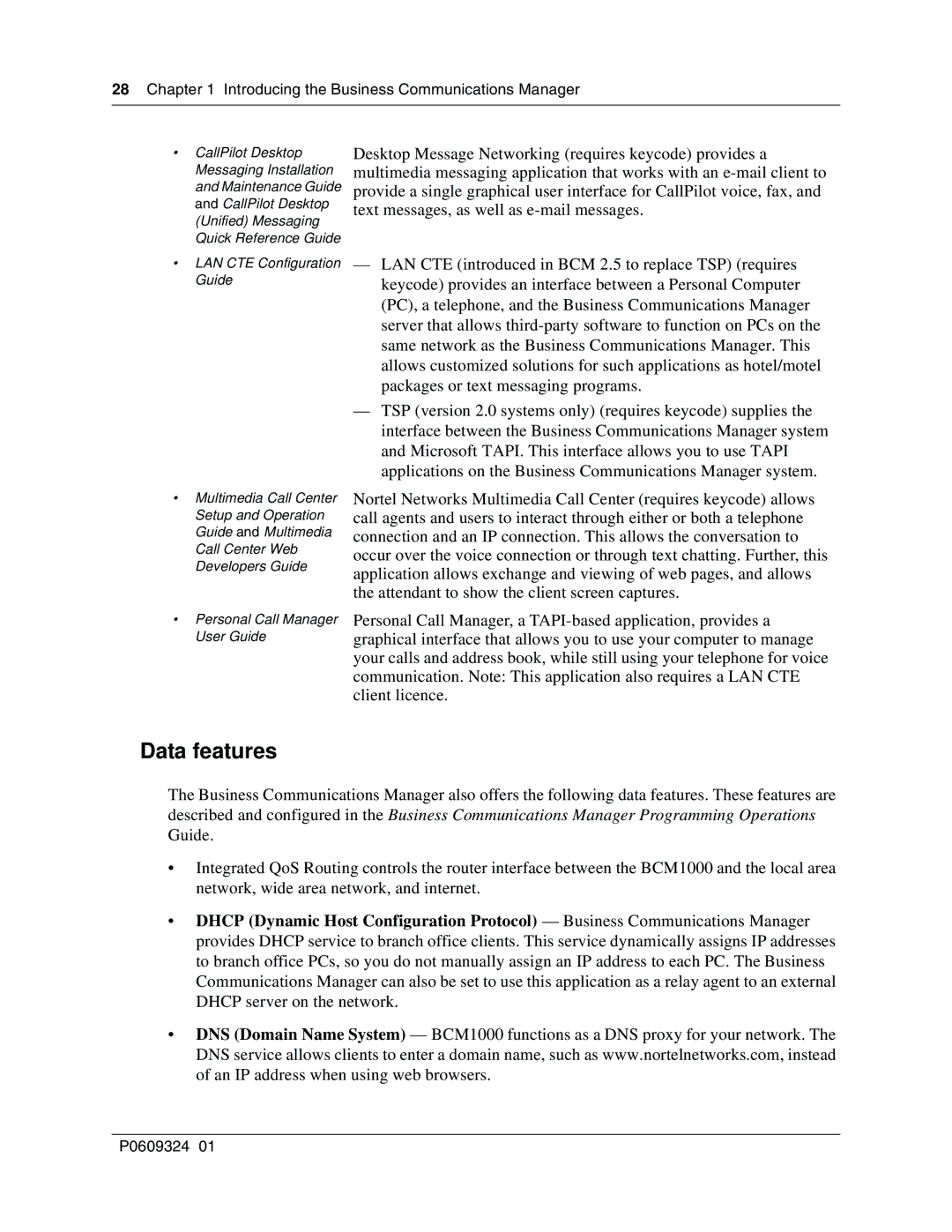 Nortel Networks BCM1000 manual Data features, LAN CTE Configuration Guide 