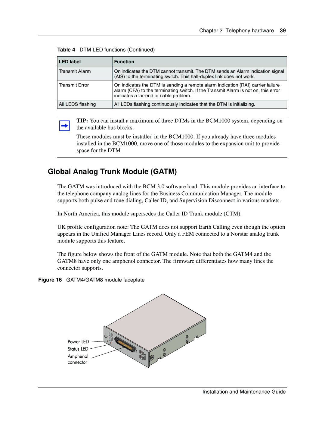 Nortel Networks BCM1000 manual Global Analog Trunk Module Gatm, GATM4/GATM8 module faceplate 