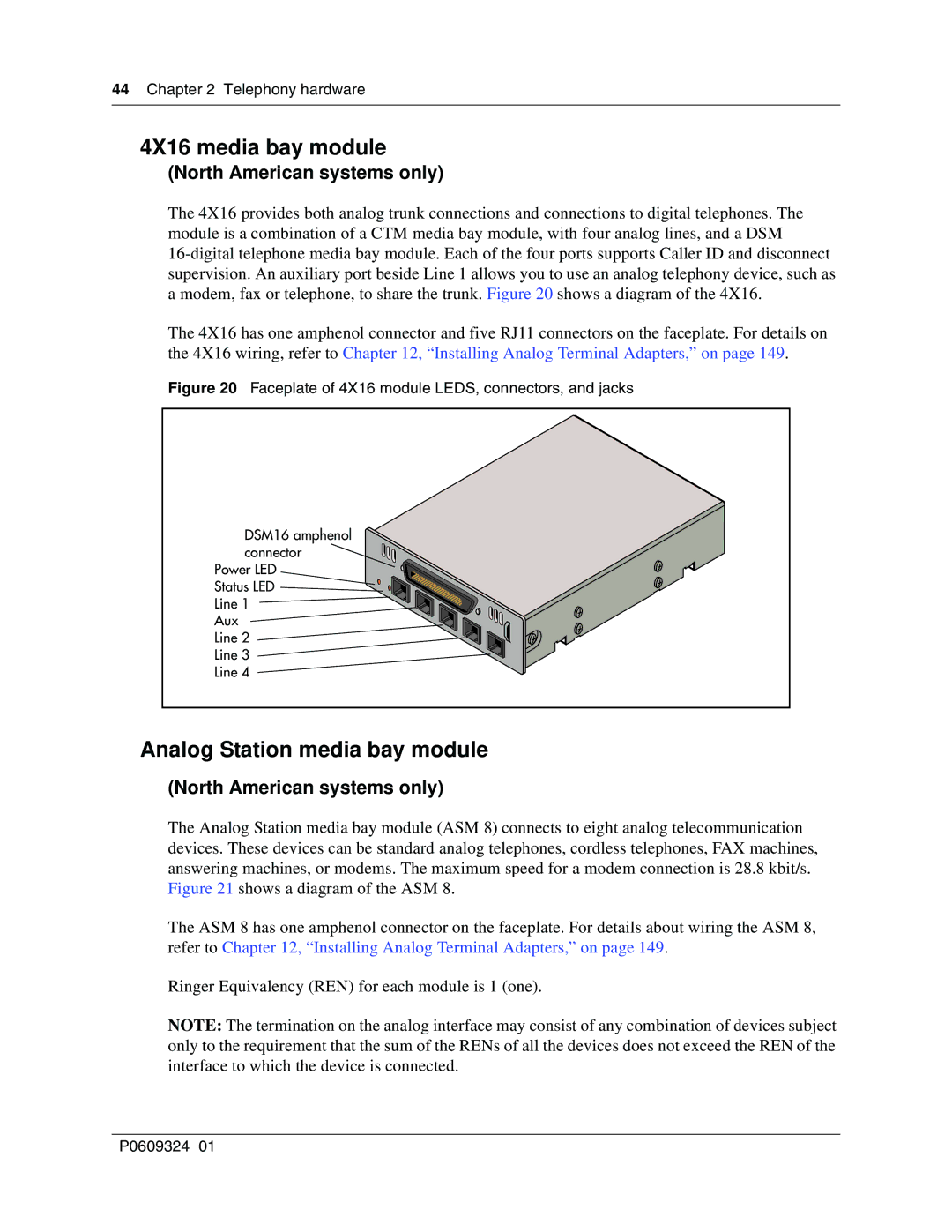 Nortel Networks BCM1000 manual 4X16 media bay module, Analog Station media bay module 