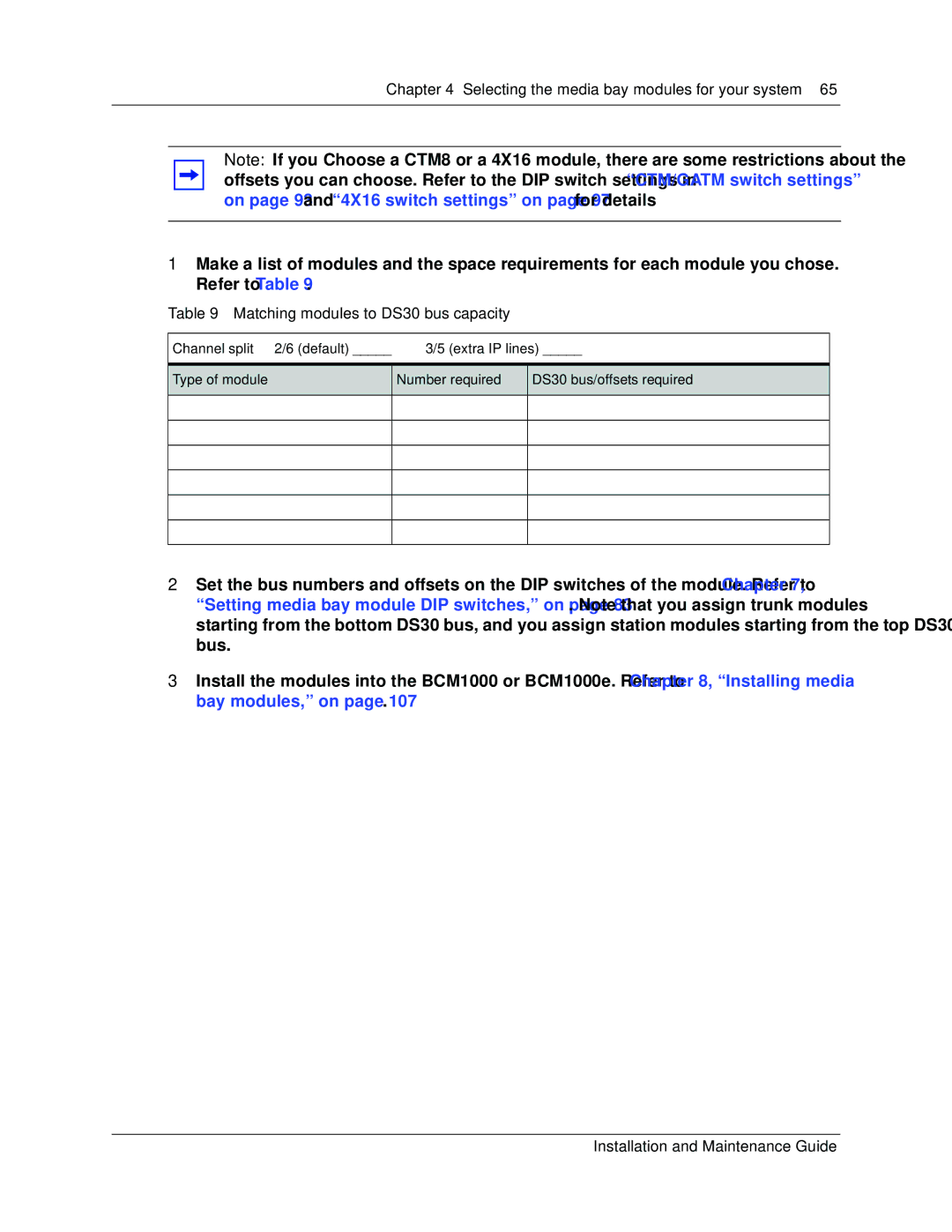 Nortel Networks BCM1000 manual Matching modules to DS30 bus capacity, Channel split 2/6 default 