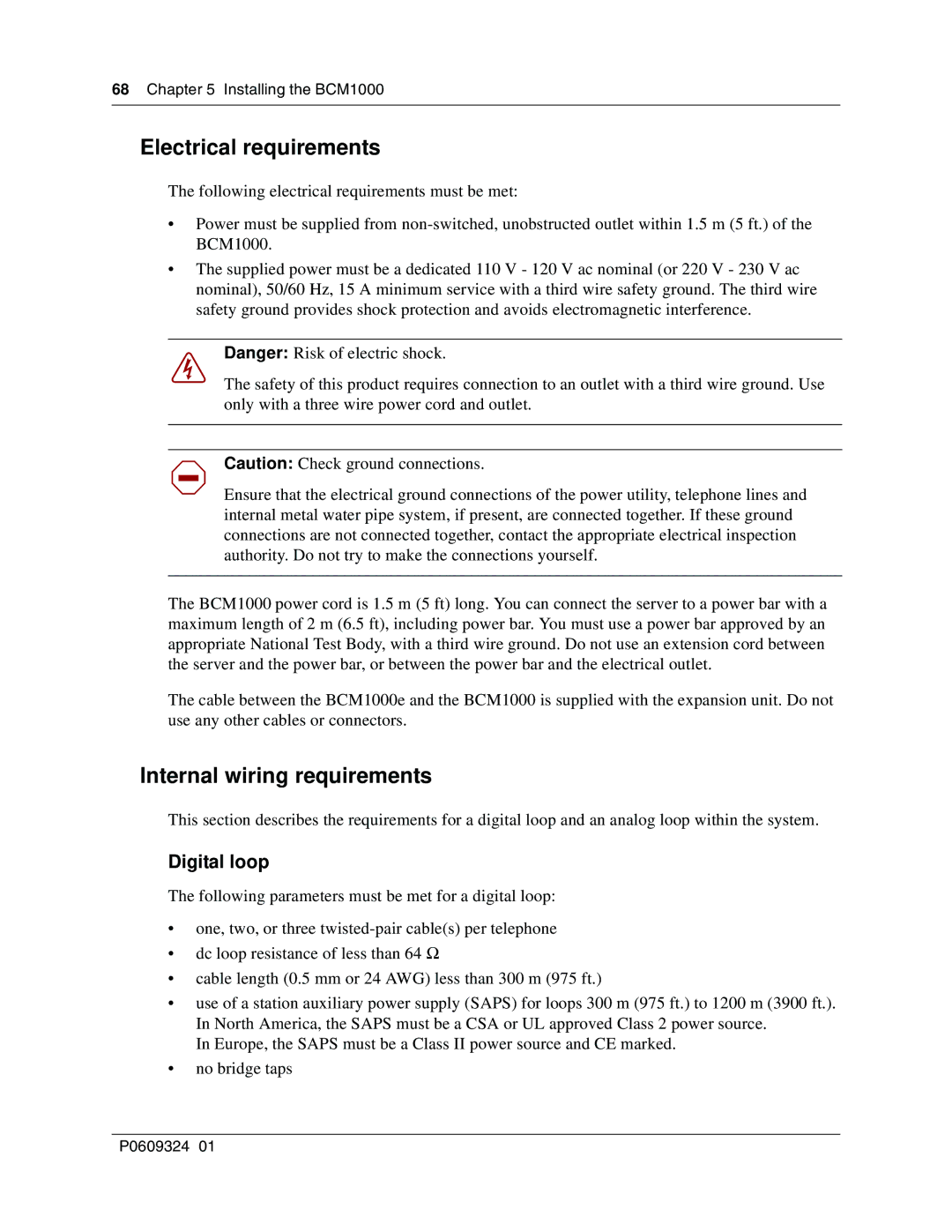 Nortel Networks manual Electrical requirements, Internal wiring requirements, Digital loop, Installing the BCM1000 