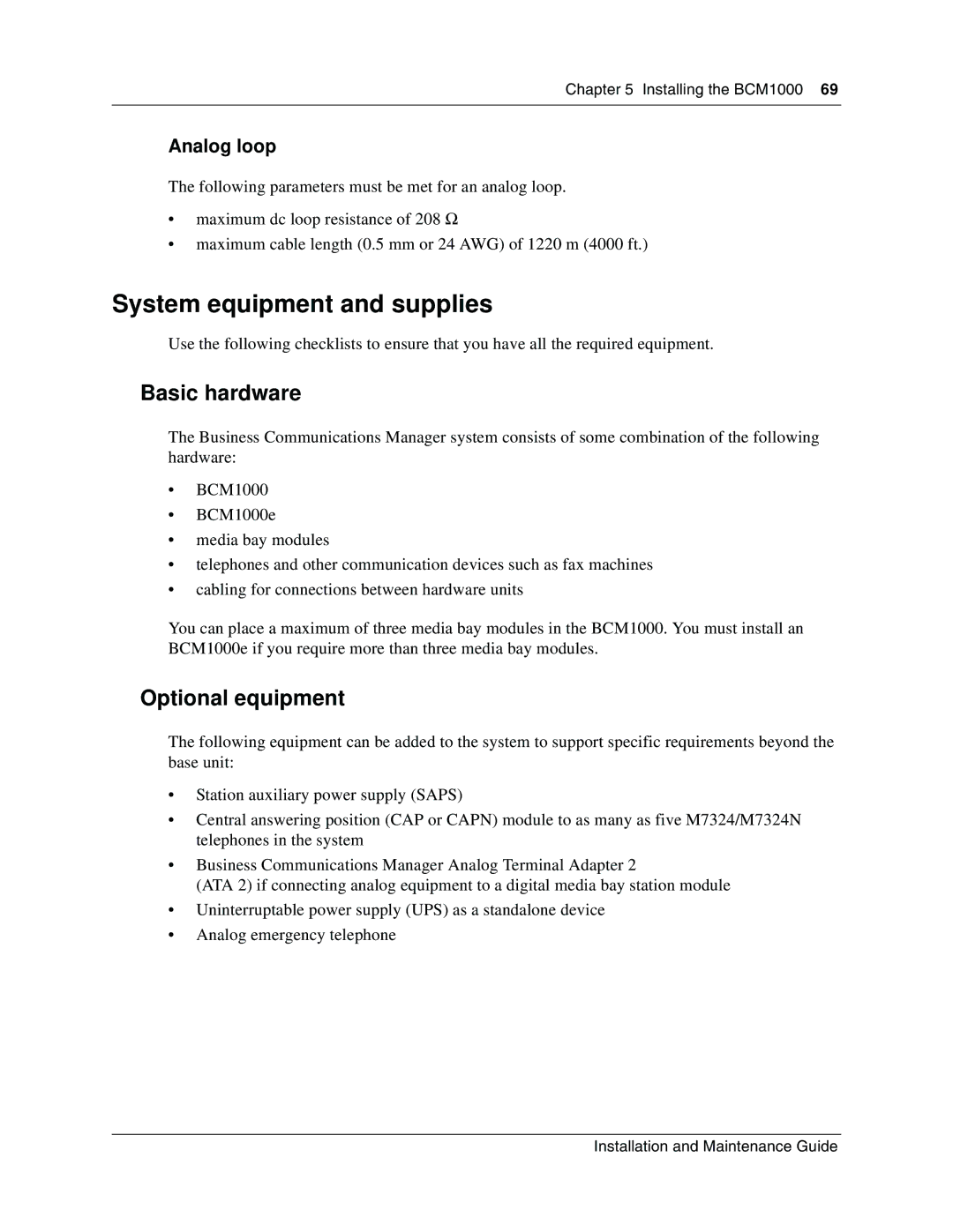 Nortel Networks BCM1000 manual System equipment and supplies, Basic hardware, Optional equipment, Analog loop 