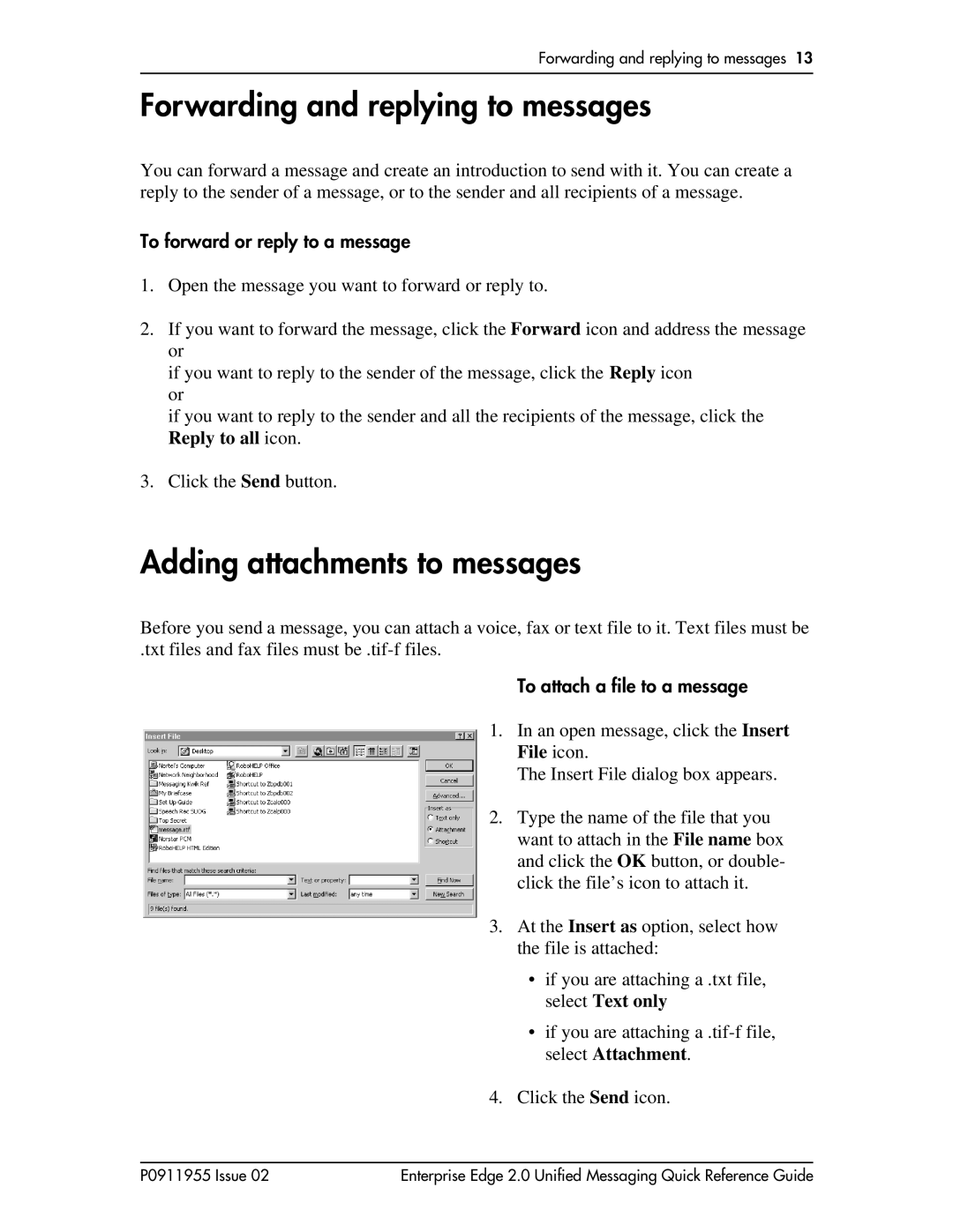 Nortel Networks BCM200/400 manual Forwarding and replying to messages, Adding attachments to messages 