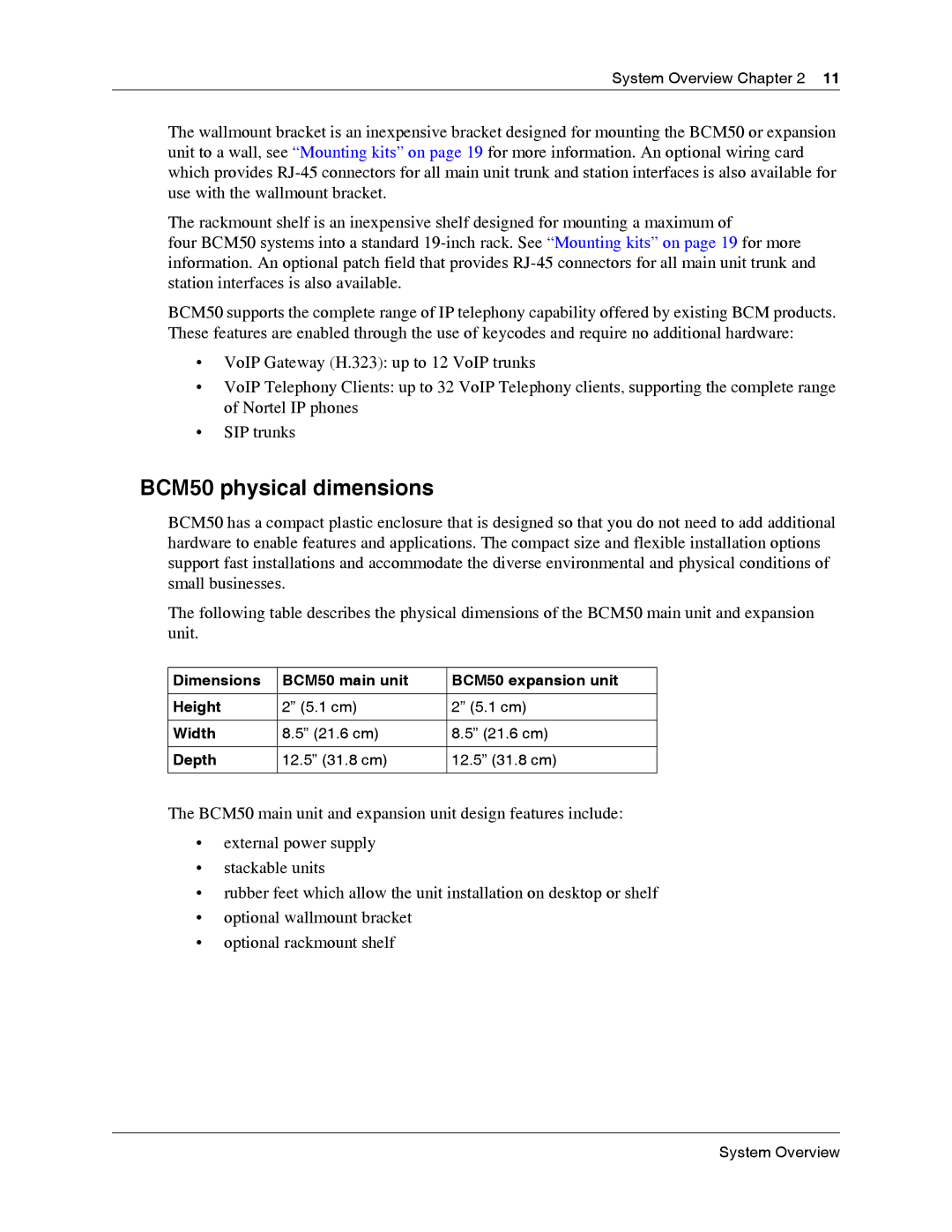 Nortel Networks BCM50 2.0 manual BCM50 physical dimensions 