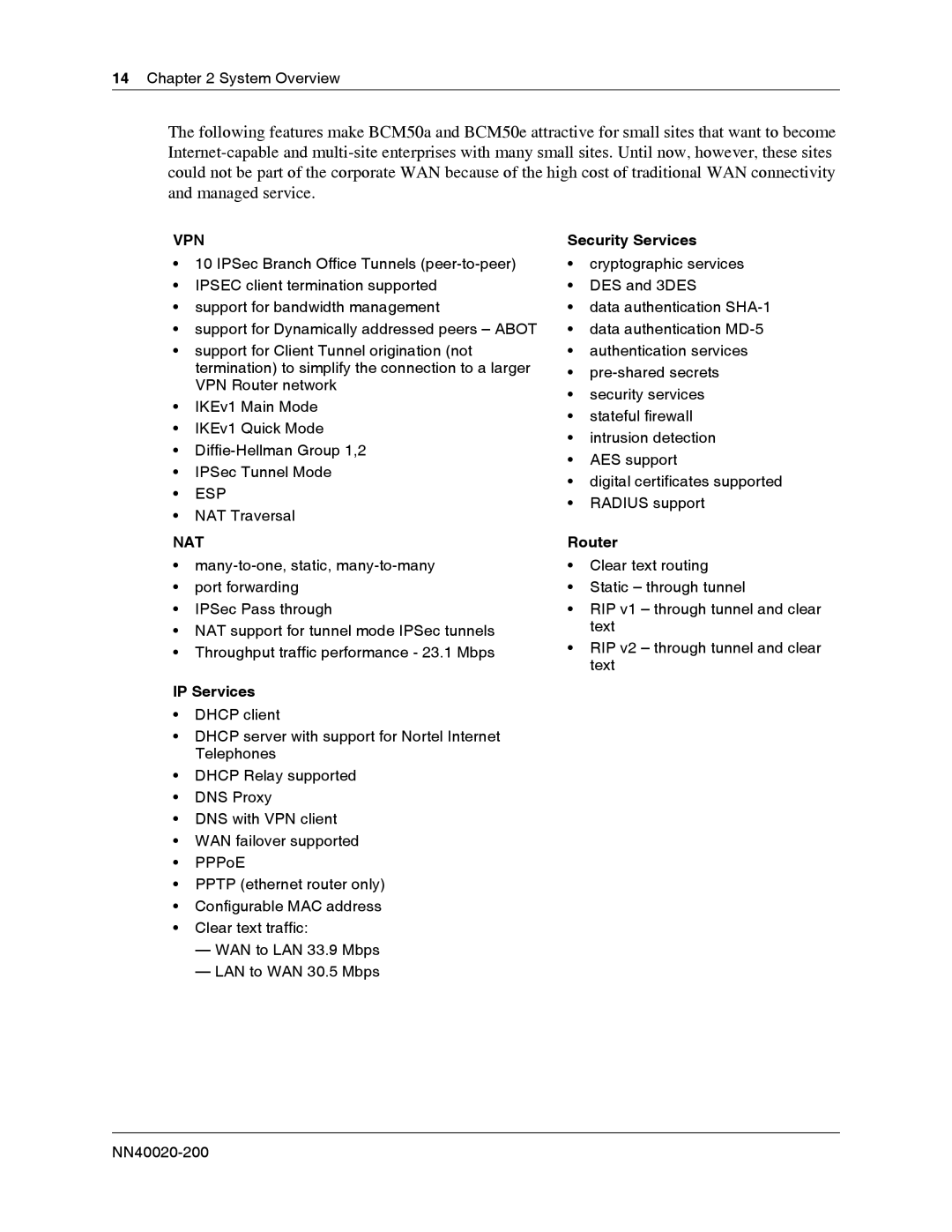 Nortel Networks BCM50 2.0 manual IP Services, Security Services, Router 