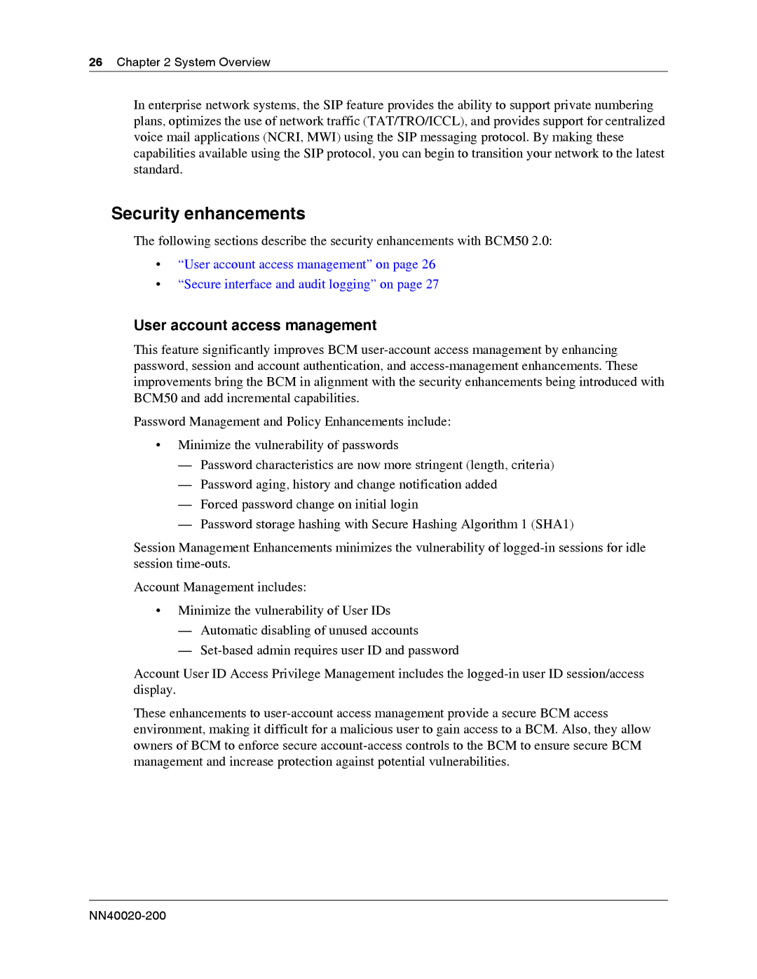 Nortel Networks BCM50 2.0 manual Security enhancements, User account access management 