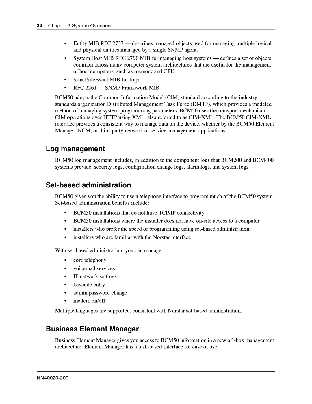 Nortel Networks BCM50 2.0 manual Log management, Set-based administration, Business Element Manager 