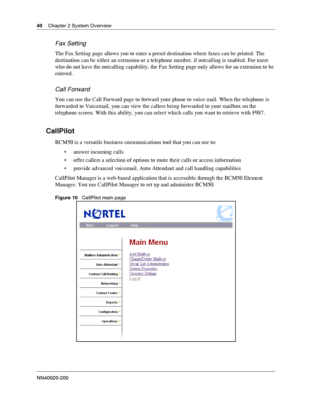 Nortel Networks BCM50 2.0 manual CallPilot, Fax Setting 