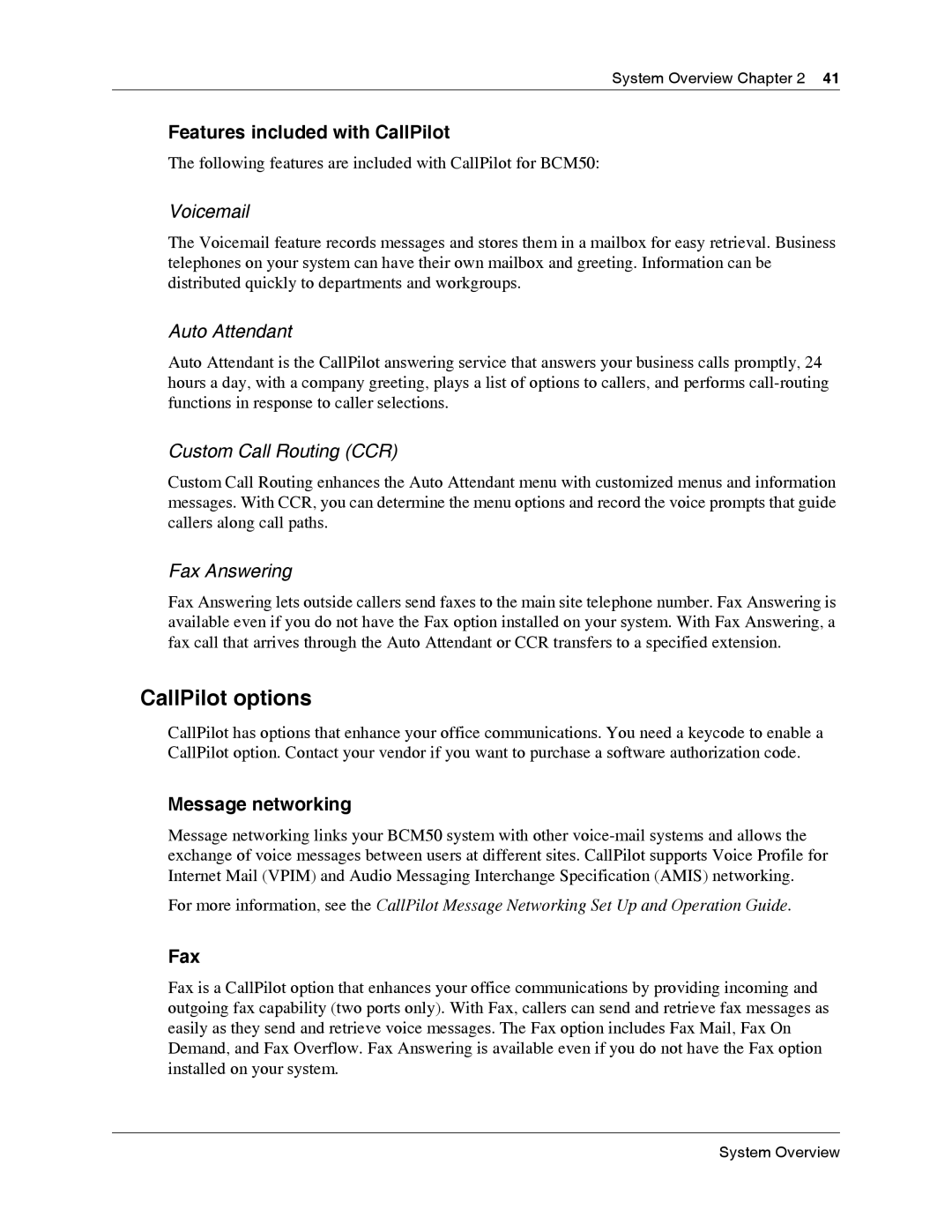 Nortel Networks BCM50 2.0 manual CallPilot options, Features included with CallPilot, Message networking, Fax 