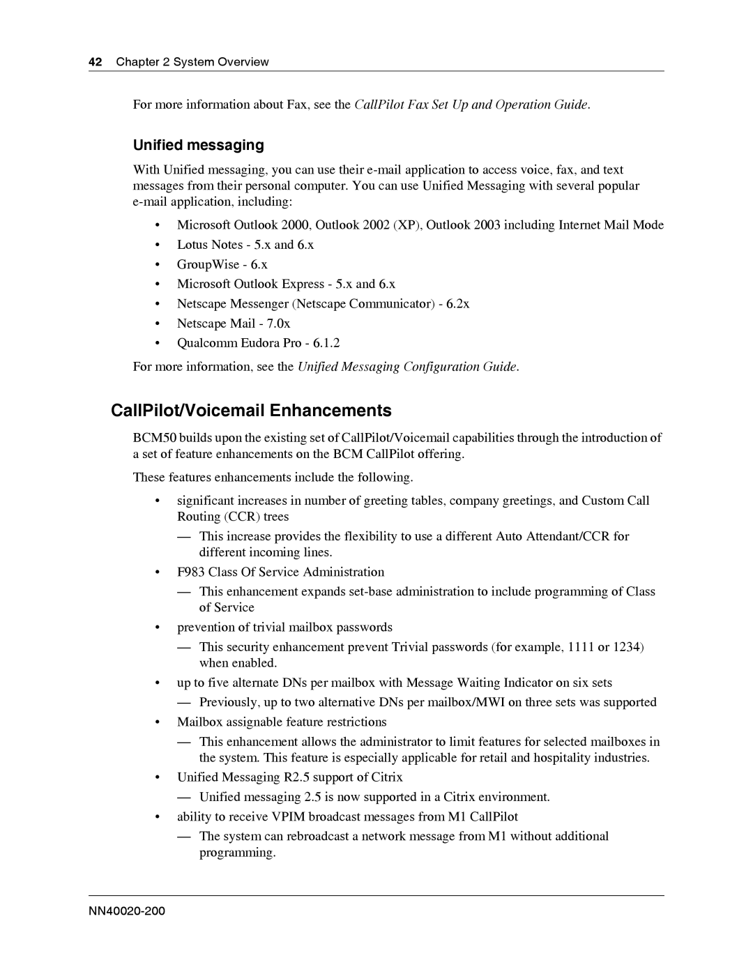 Nortel Networks BCM50 2.0 manual CallPilot/Voicemail Enhancements, Unified messaging 