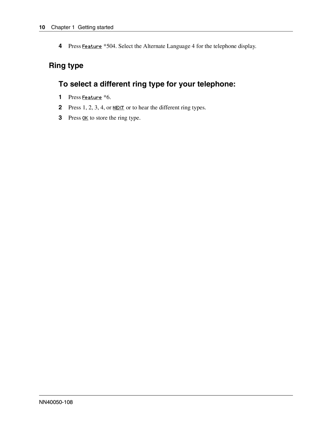 Nortel Networks BCM50 2.0 manual Ring type To select a different ring type for your telephone 