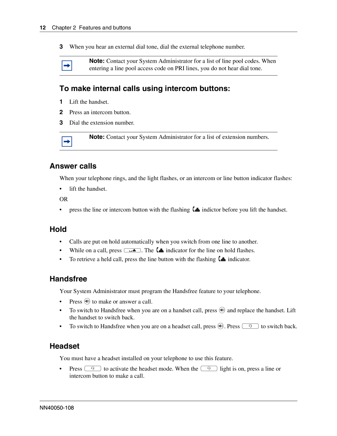 Nortel Networks BCM50 2.0 manual To make internal calls using intercom buttons, Answer calls, Hold, Handsfree, Headset 