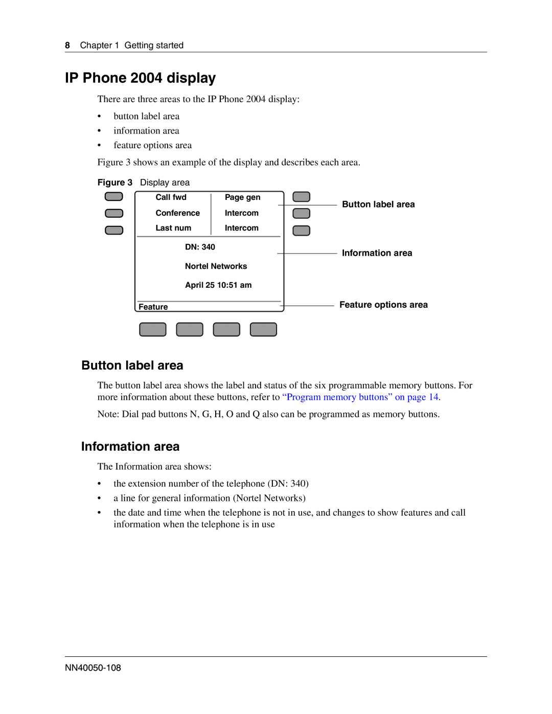 Nortel Networks BCM50 2.0 manual IP Phone 2004 display, Button label area, Information area 