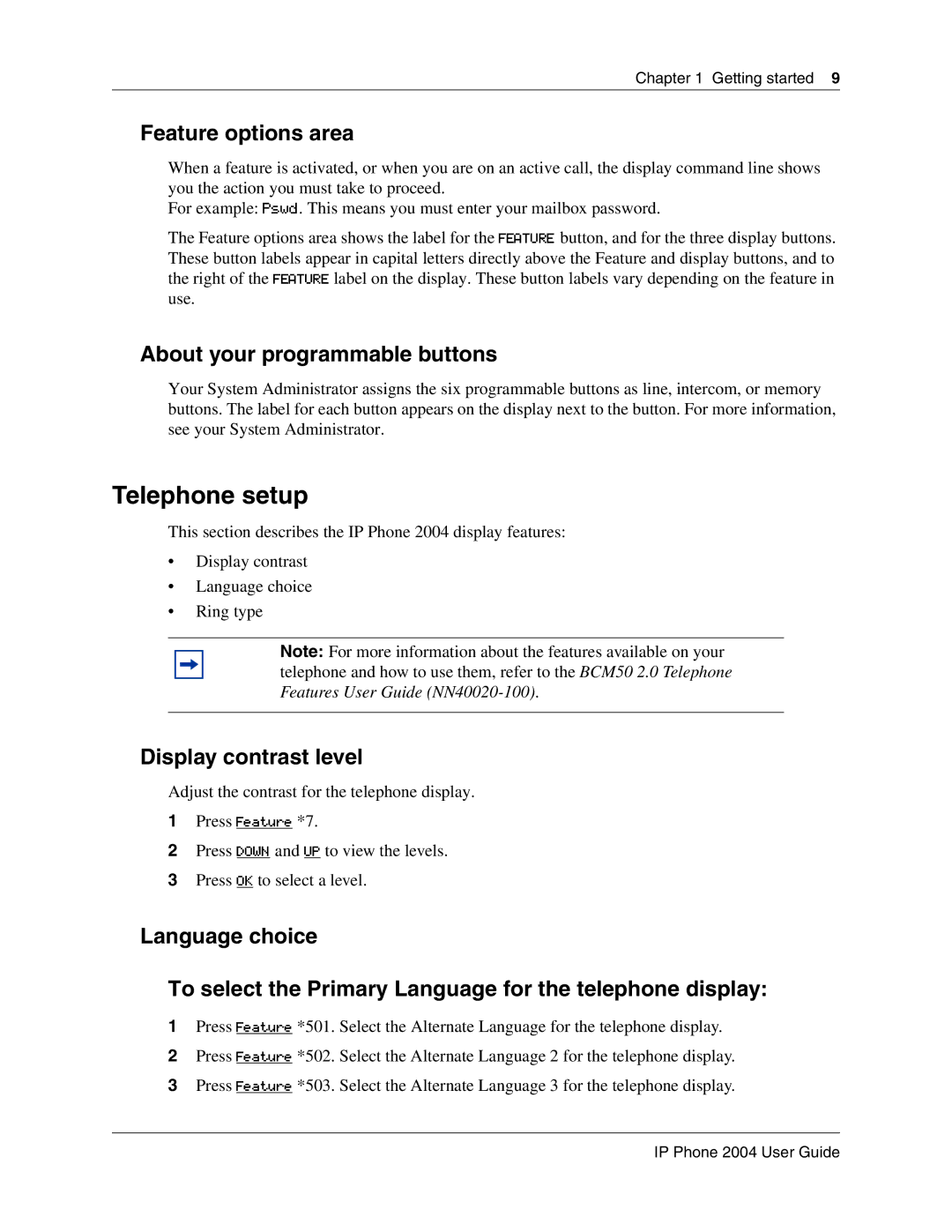 Nortel Networks BCM50 2.0 Telephone setup, Feature options area, About your programmable buttons, Display contrast level 