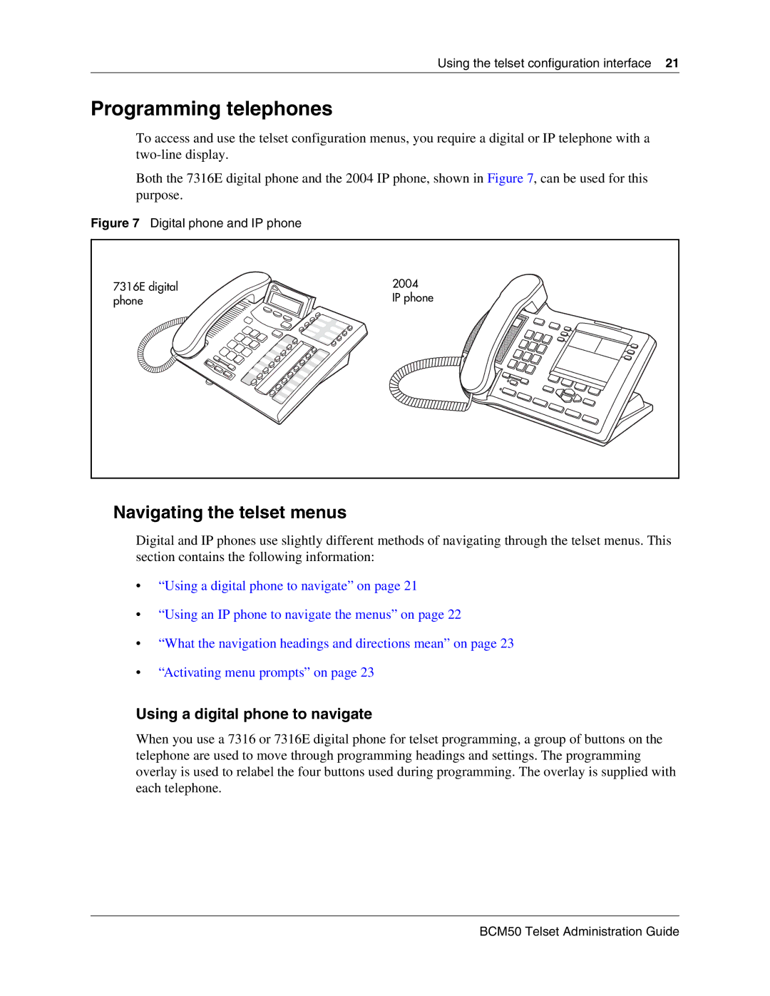 Nortel Networks BCM50 2.0 manual Programming telephones, Navigating the telset menus 