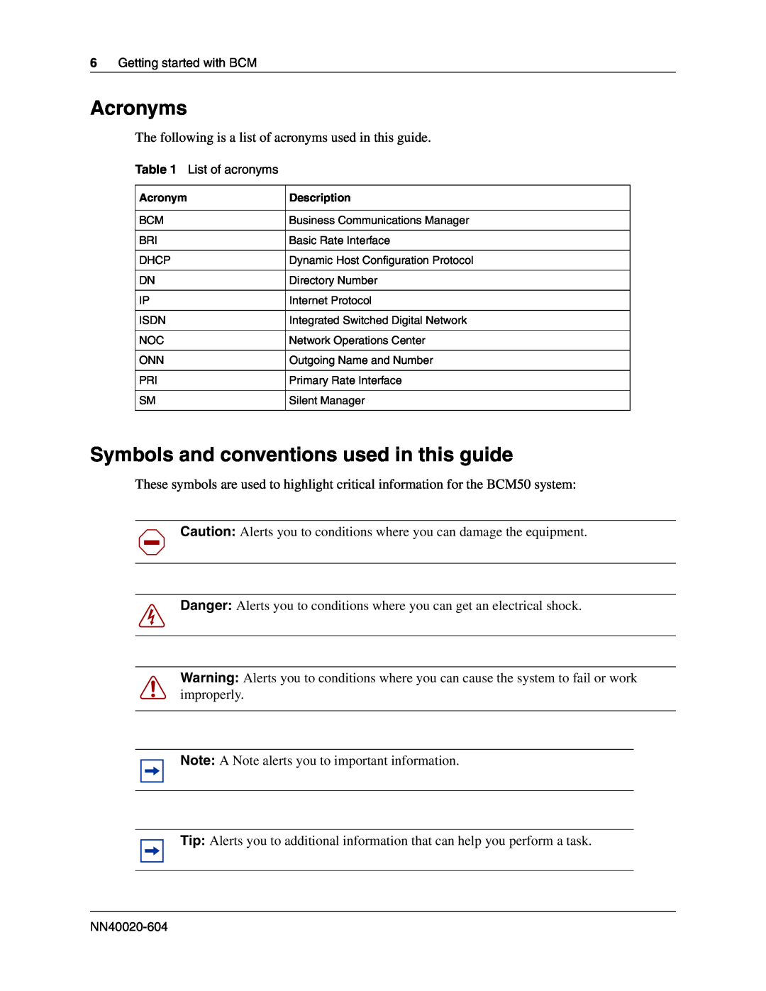Nortel Networks BCM50 2.0 manual Acronyms, Symbols and conventions used in this guide 