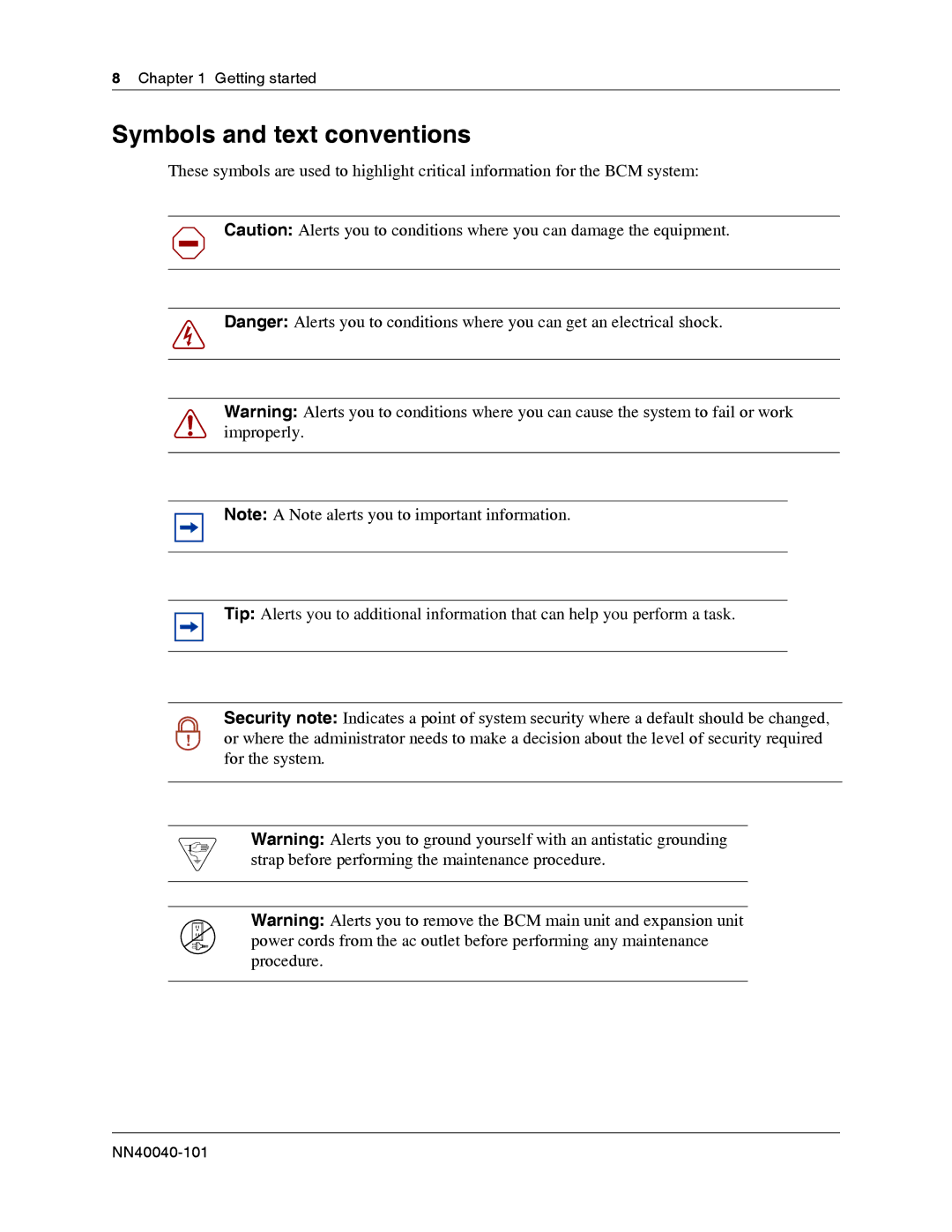 Nortel Networks BCM50 3.0 manual Symbols and text conventions 