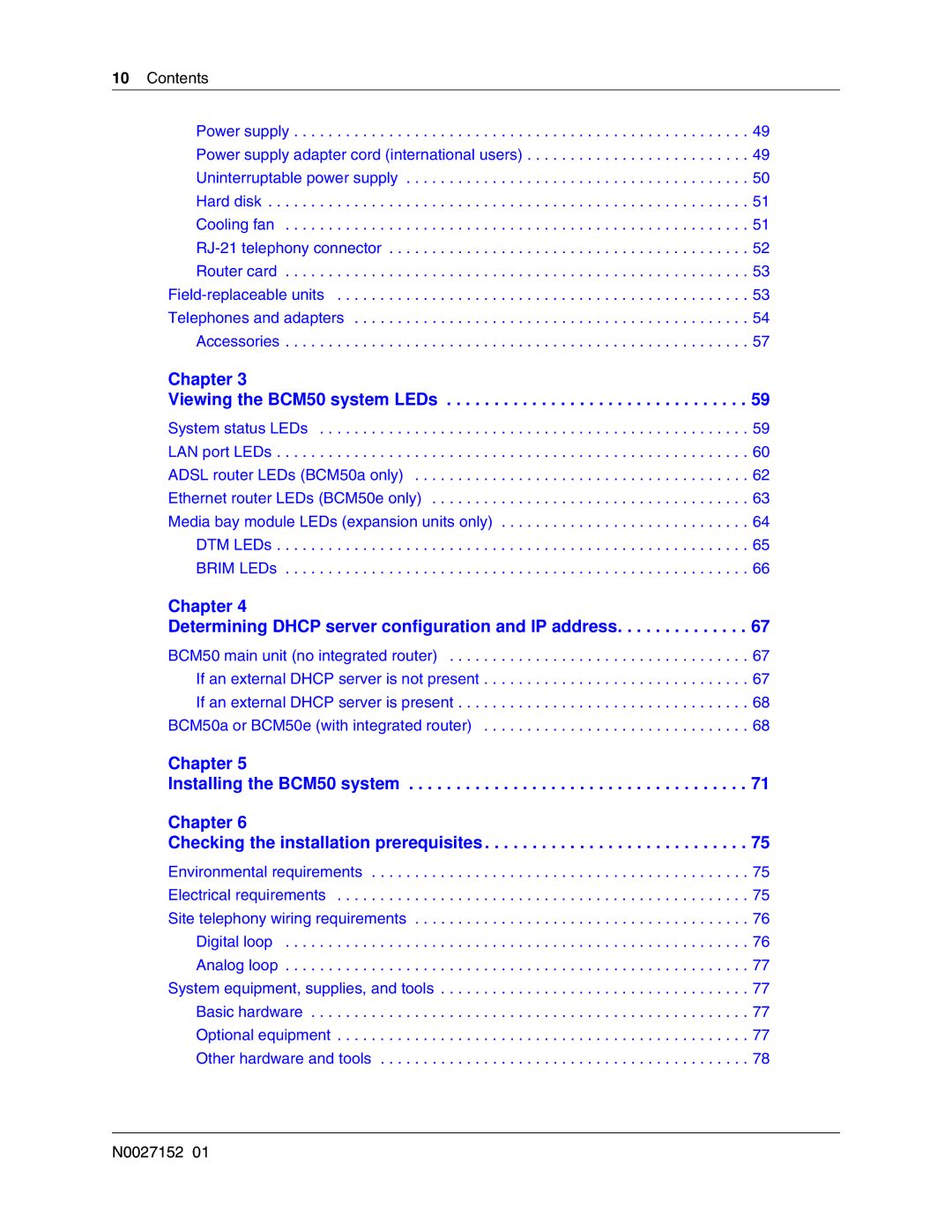 Nortel Networks manual Chapter Viewing the BCM50 system LEDs, Contents 